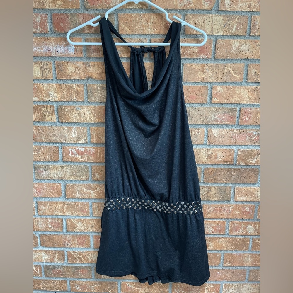 Black sparkly long top, open back, dress like top, size Medium